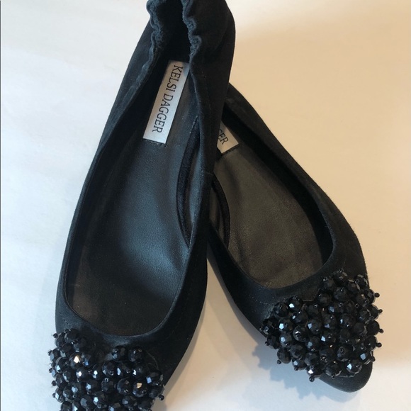 KELSI DAGGER LUVVY Black Suede Flats Crystal Heart - Picture 6 of 10